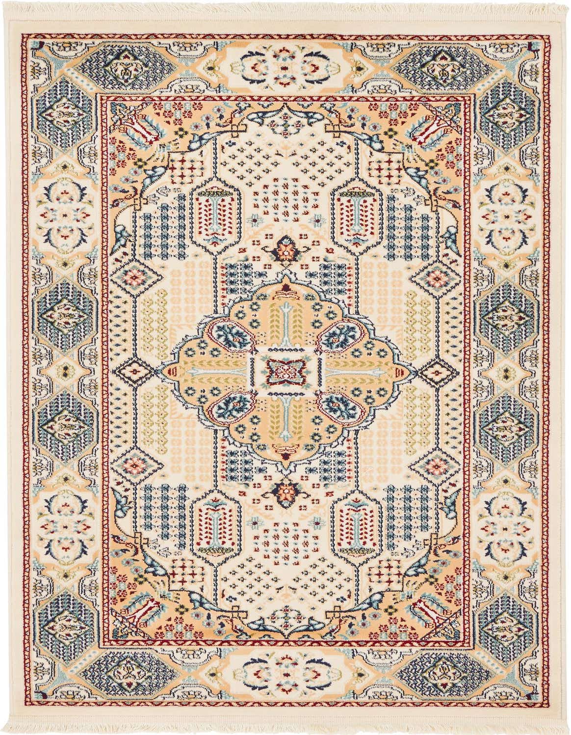 A 3x5 rectangular ivory rug with a traditional medallion and botanical pattern in blue, gold, and red accents.