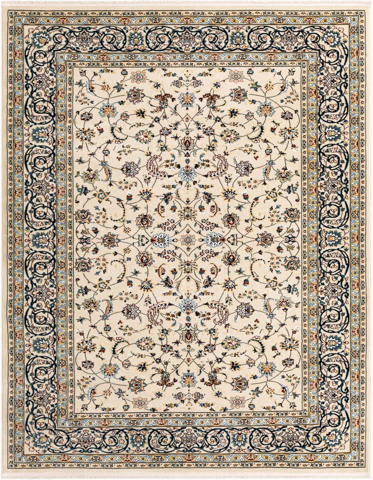 A 6x9 rectangular ivory Oriental rug with a traditional floral pattern and intricate borders, perfect for a living room.