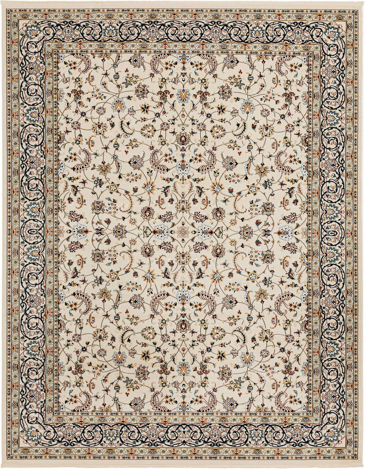 An 8x11 rectangular ivory oriental rug with a traditional floral pattern and intricate border, suitable for a living room.