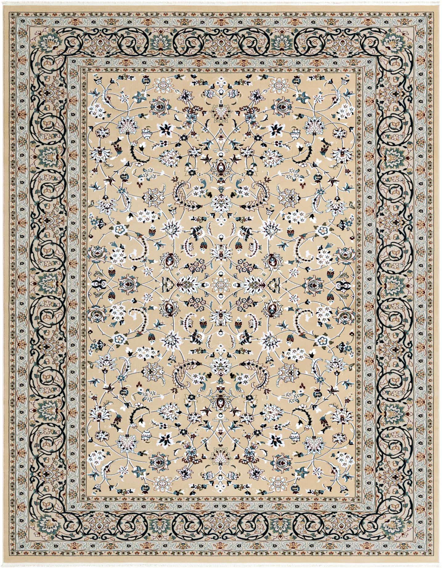 A 9x12 rectangular ivory and cream Oriental rug with a detailed floral pattern and ornate border, suitable for a living room.