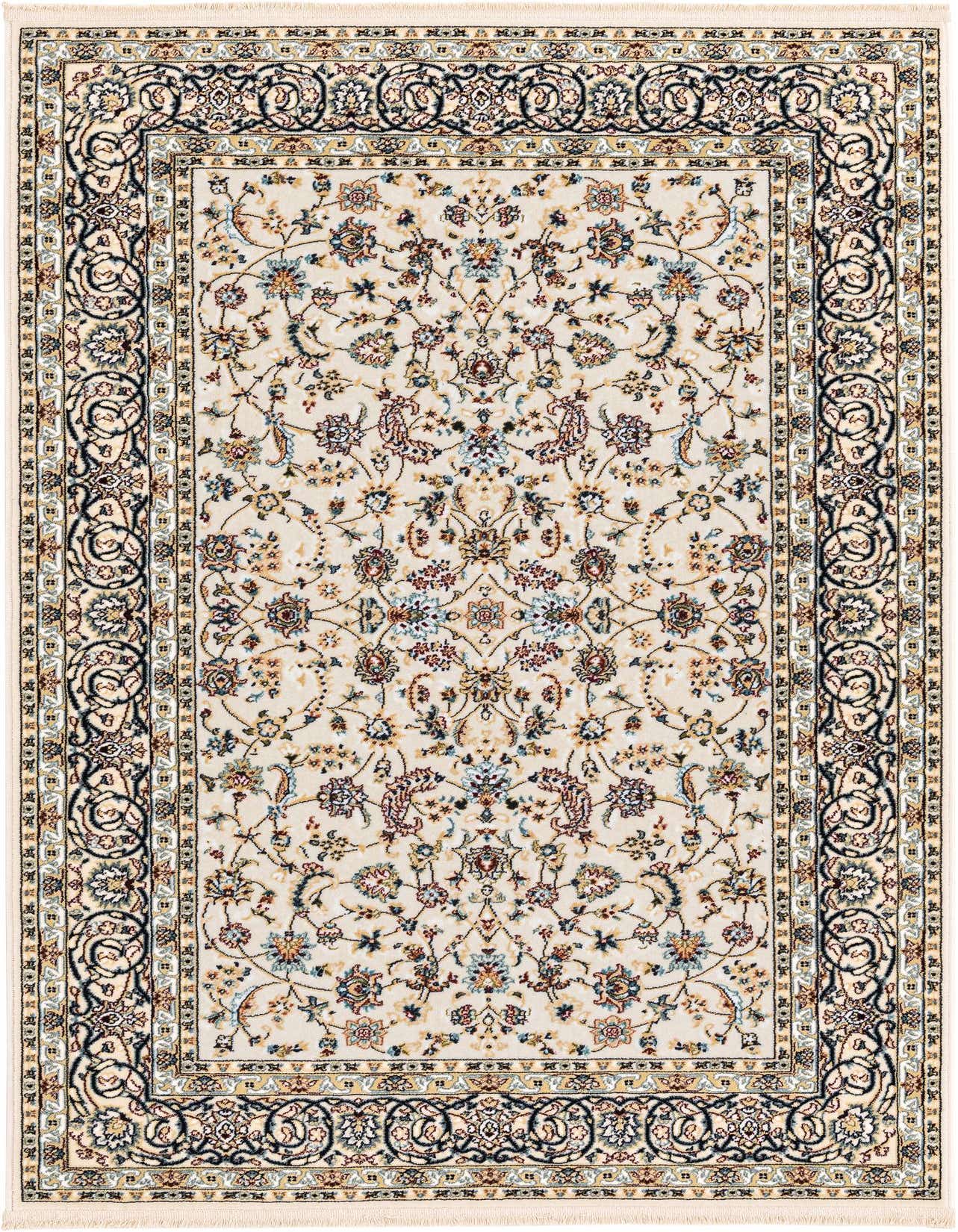 A 4x6 rectangular ivory traditional rug with an ornate floral pattern and a detailed border, suitable for a living room.