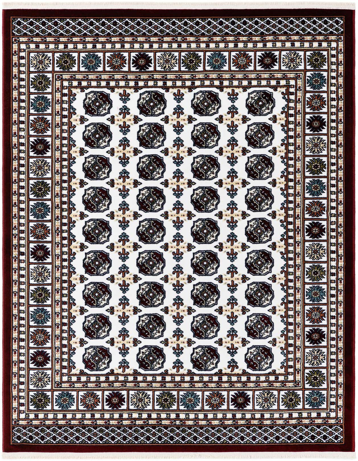 A 4x6 rectangular ivory and cream traditional rug with a detailed oriental pattern and a rich burgundy border.