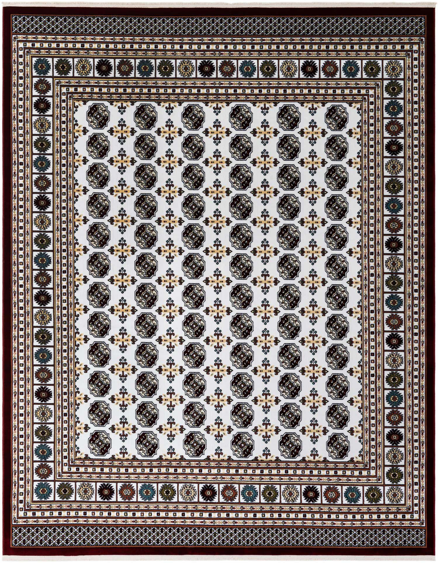 An 8x10 rectangular ivory and cream traditional rug with intricate brown, gold, and blue floral and geometric patterns.