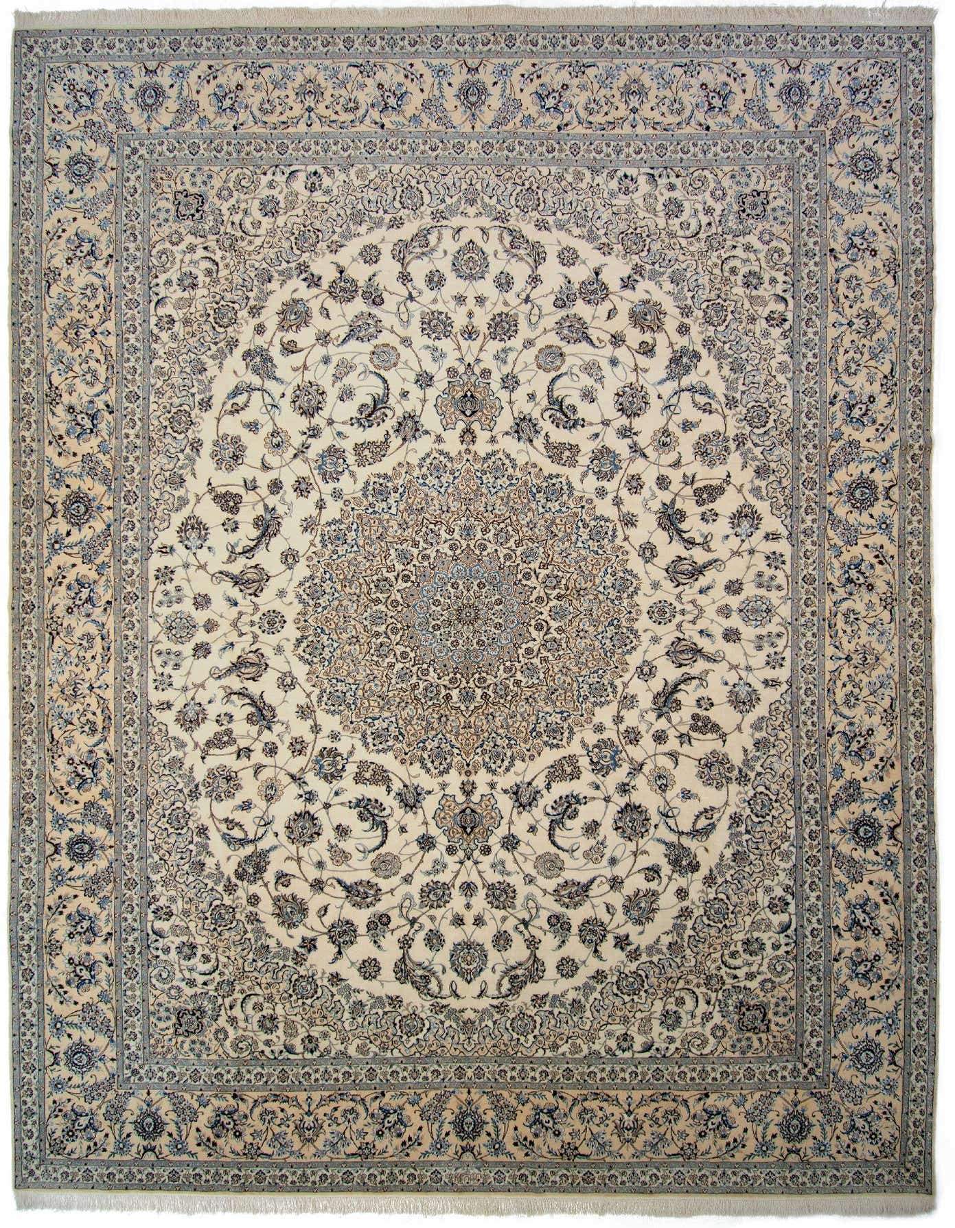 A large 12x16 rectangular ivory Persian rug with intricate blue and brown floral medallion patterns, suitable for a living room.