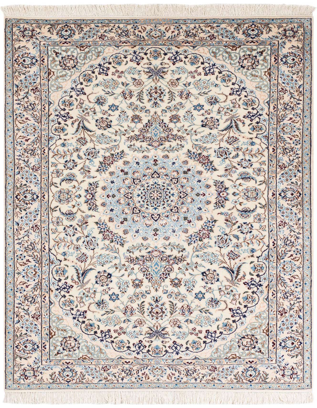 A 3x5 rectangular ivory and cream Persian rug with a traditional medallion pattern in blues and browns.