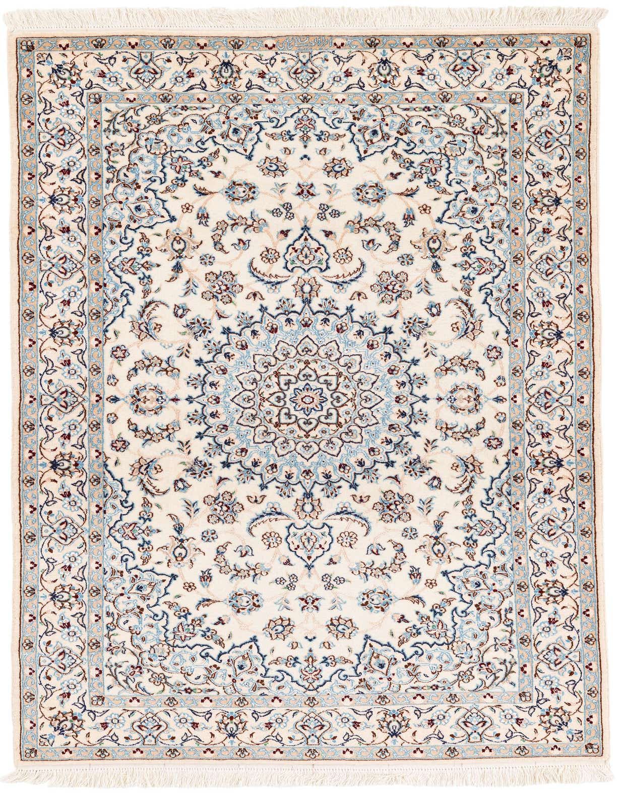 A 3x5 rectangular ivory Persian rug with a traditional medallion pattern in blues, creams, and subtle browns, featuring fringe.