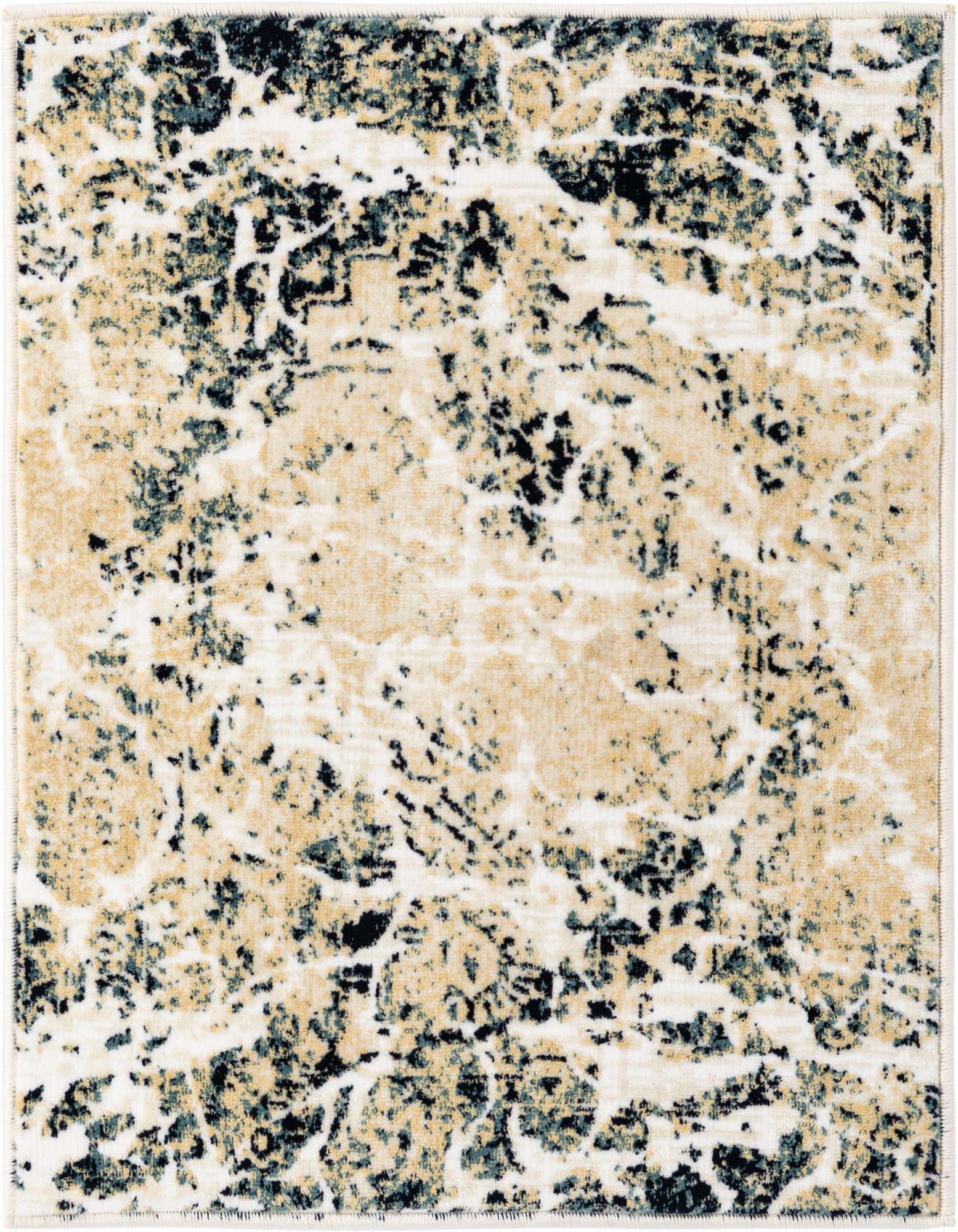 A 2x3 rectangular modern abstract rug featuring a distressed pattern in ivory, cream, black, and dark teal.