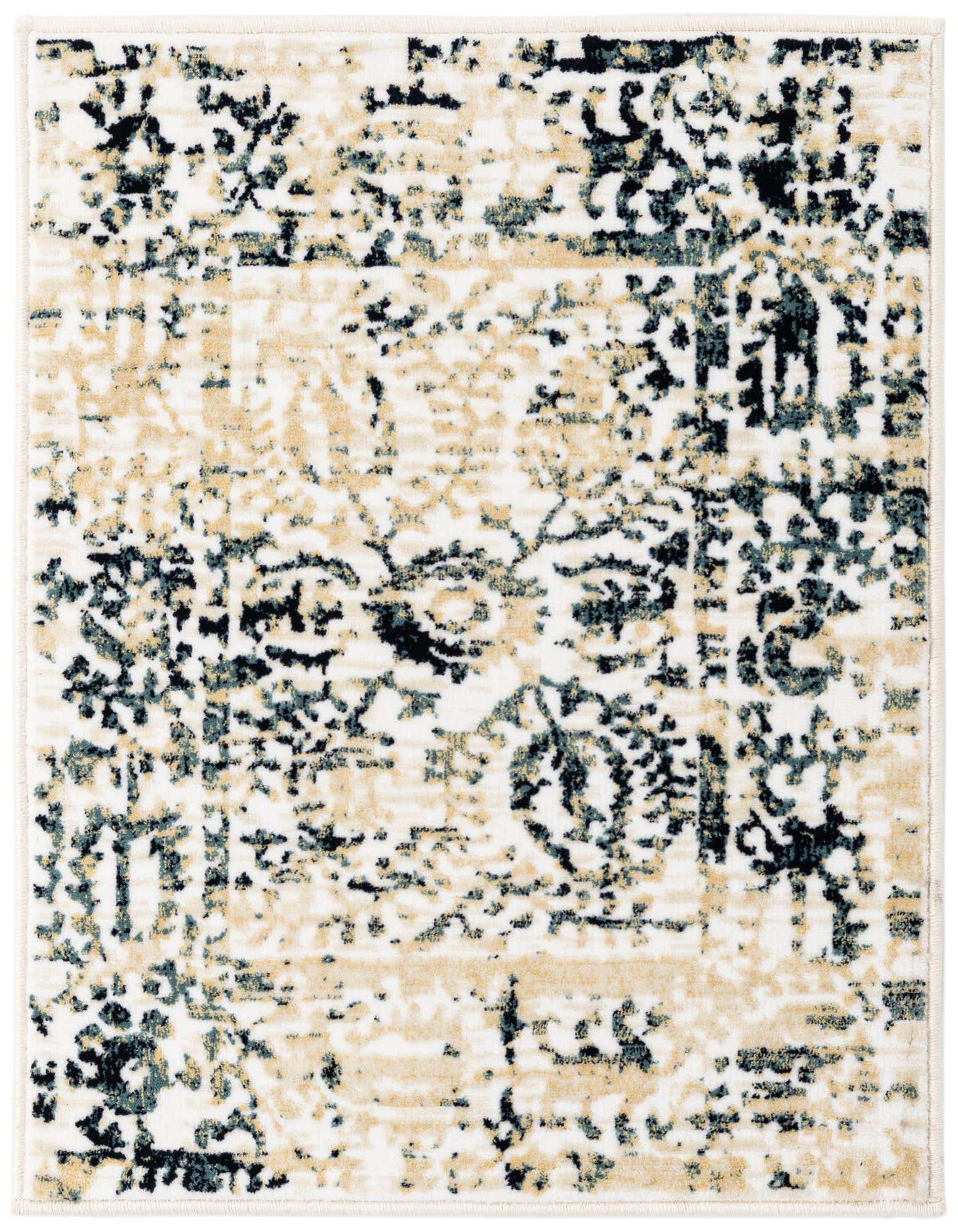 A 2x3 rectangular modern abstract rug featuring a distressed pattern in ivory, cream, black, and gold tones.