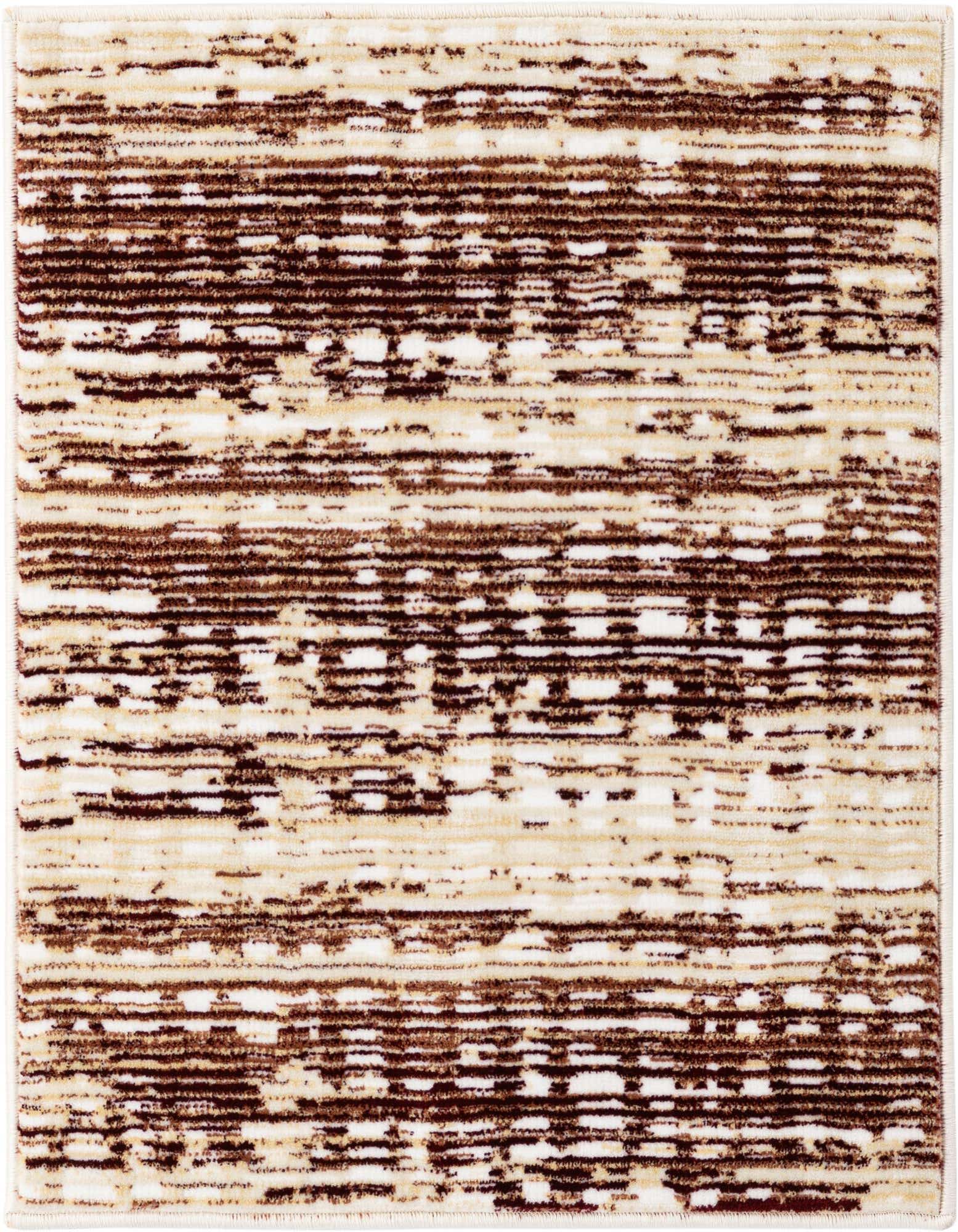 A 2x3 rectangular modern indoor rug featuring an abstract pattern of horizontal stripes in shades of ivory, cream, and brown.
