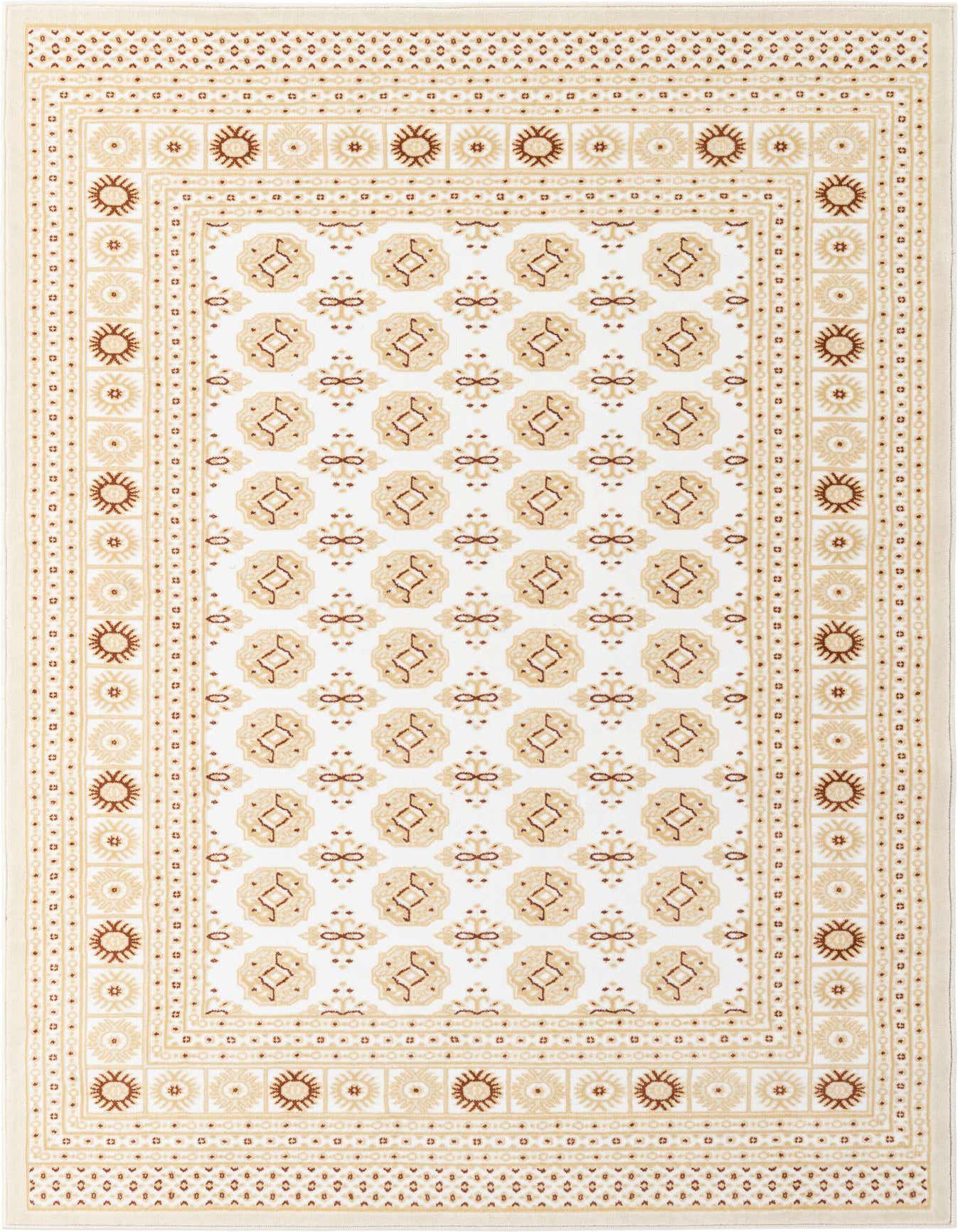 A 5x8 rectangular ivory and cream traditional Oriental rug with intricate medallion and floral patterns.