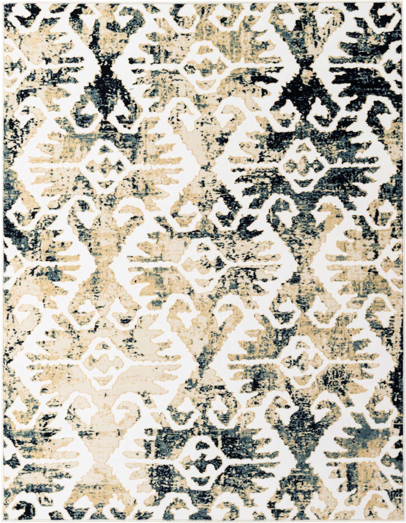 A 5x8 rectangular ivory and cream modern abstract rug with distressed dark blue and beige patterns.