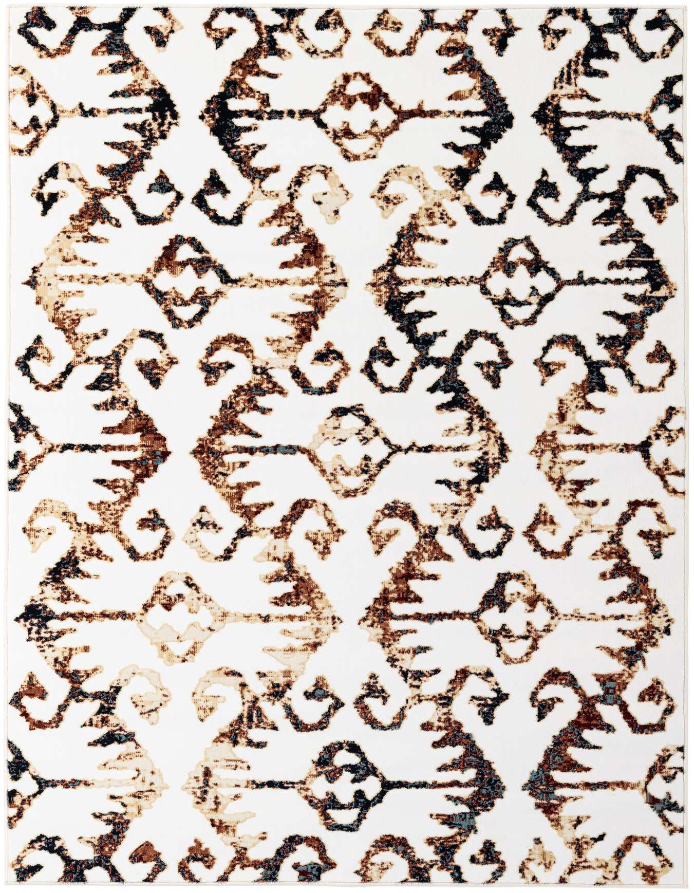 A 5x8 rectangular modern rug with an ivory and white background featuring a distressed abstract pattern in shades of brown, black, and subtle teal.