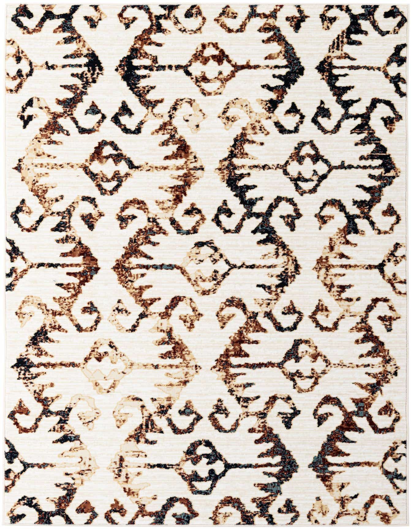 A 5x8 rectangular ivory rug with an abstract modern pattern in shades of brown, black, and subtle blue.