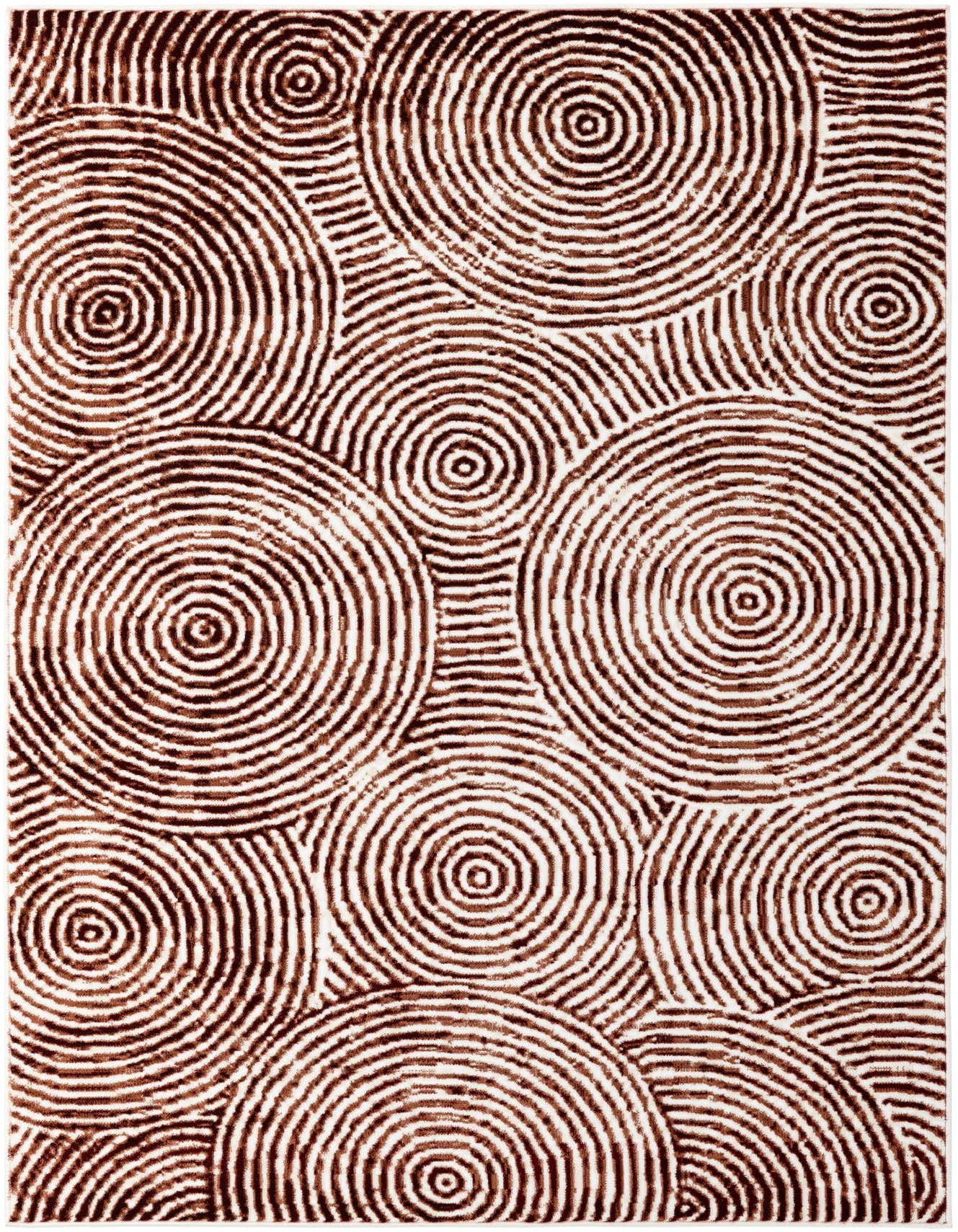 A 5x8 rectangular ivory area rug with a modern abstract pattern of concentric brown circles.