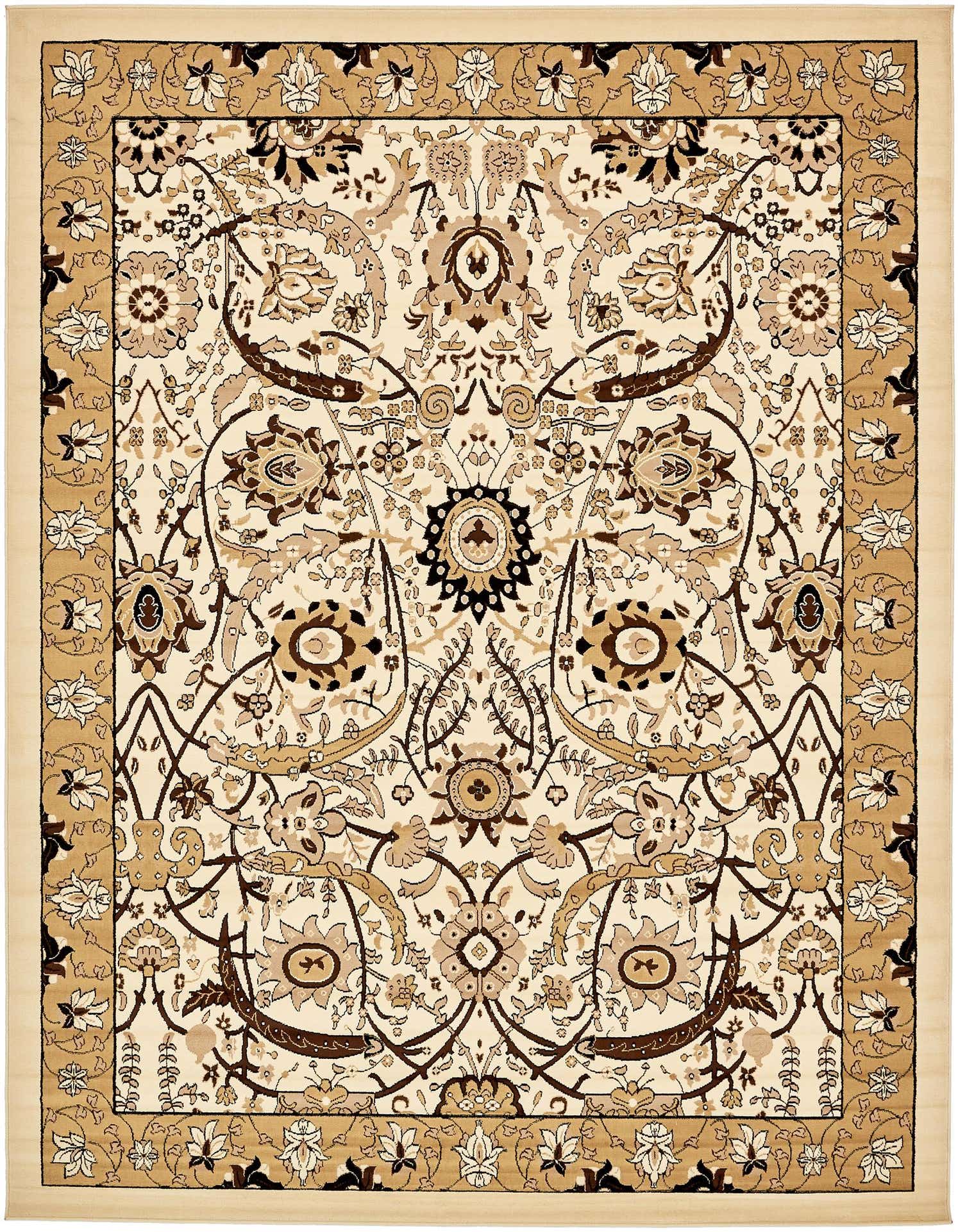 A 9x12 rectangular ivory and cream traditional rug with a detailed botanical and floral pattern, featuring a border in complementary brown and beige tones.