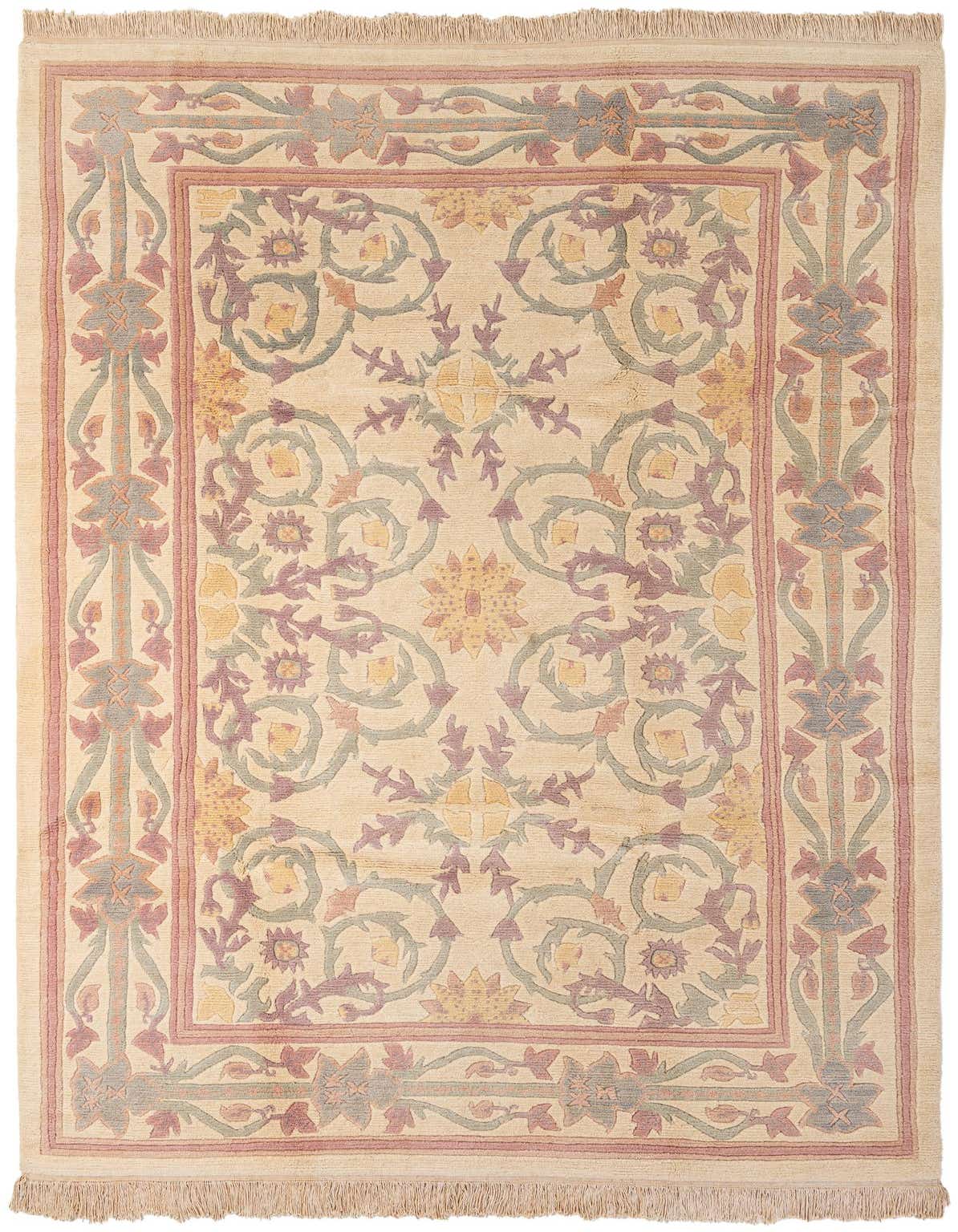 A 7x10 rectangular ivory wool rug with a modern oriental floral pattern in muted purple, yellow, and green.