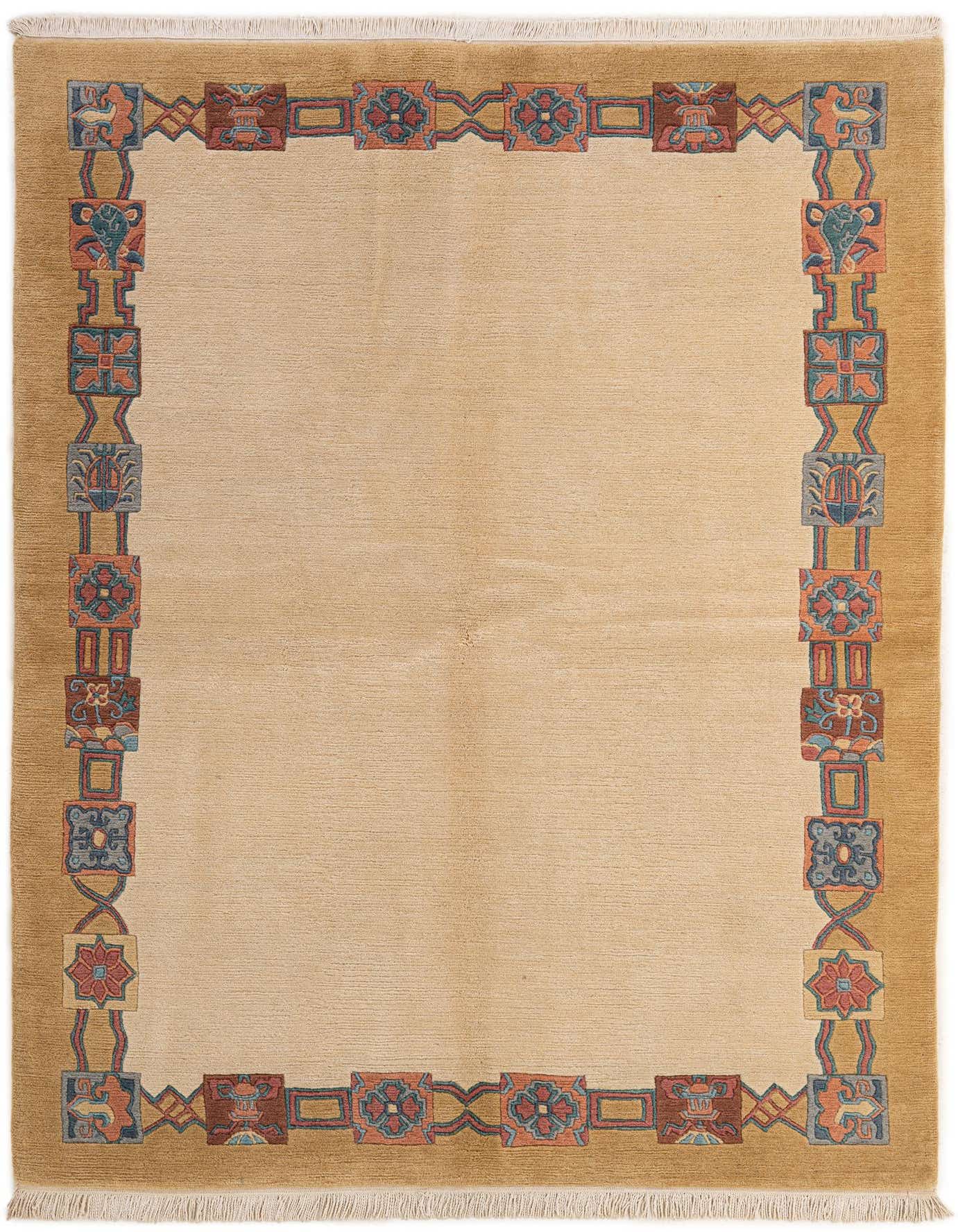 A 5x8 rectangular ivory wool rug with a modern oriental border in shades of blue, red, and brown.