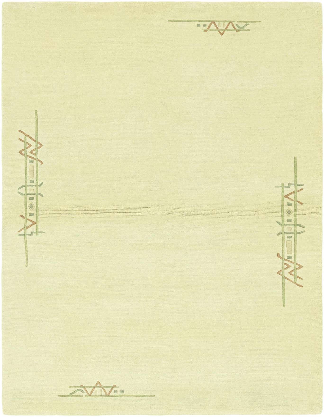 A 4x6 rectangular ivory wool rug with subtle modern abstract patterns in muted green and rust at its edges.