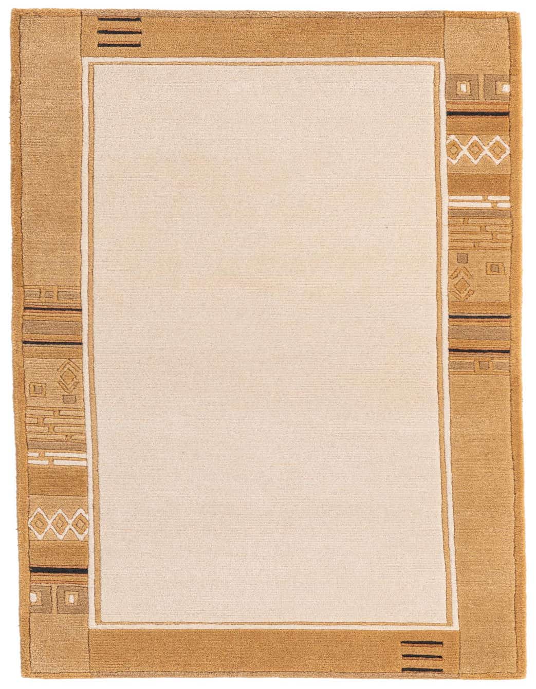A 3x5 rectangular ivory and cream wool rug with a modern abstract border in varying shades of tan and brown.