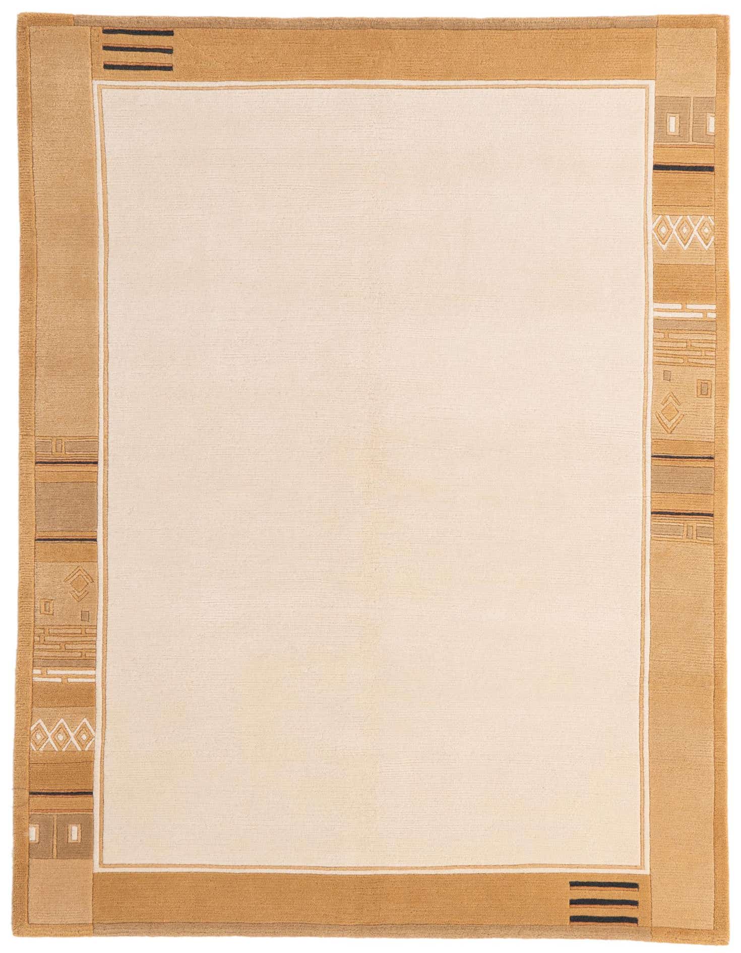 A 4x6 rectangular ivory wool rug with a wide, textured camel-colored border featuring modern geometric patterns and thin black lines.