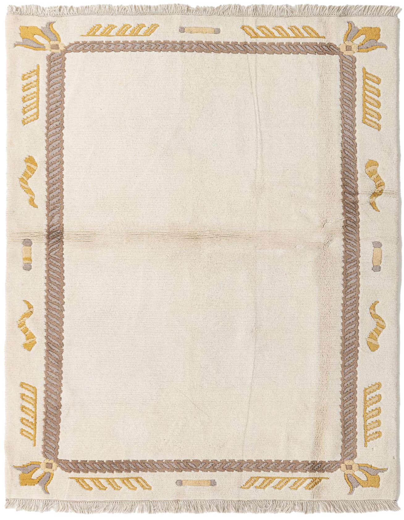 A rectangular 5x8 ivory wool rug with a modern oriental design, featuring a braided taupe border and yellow accents.