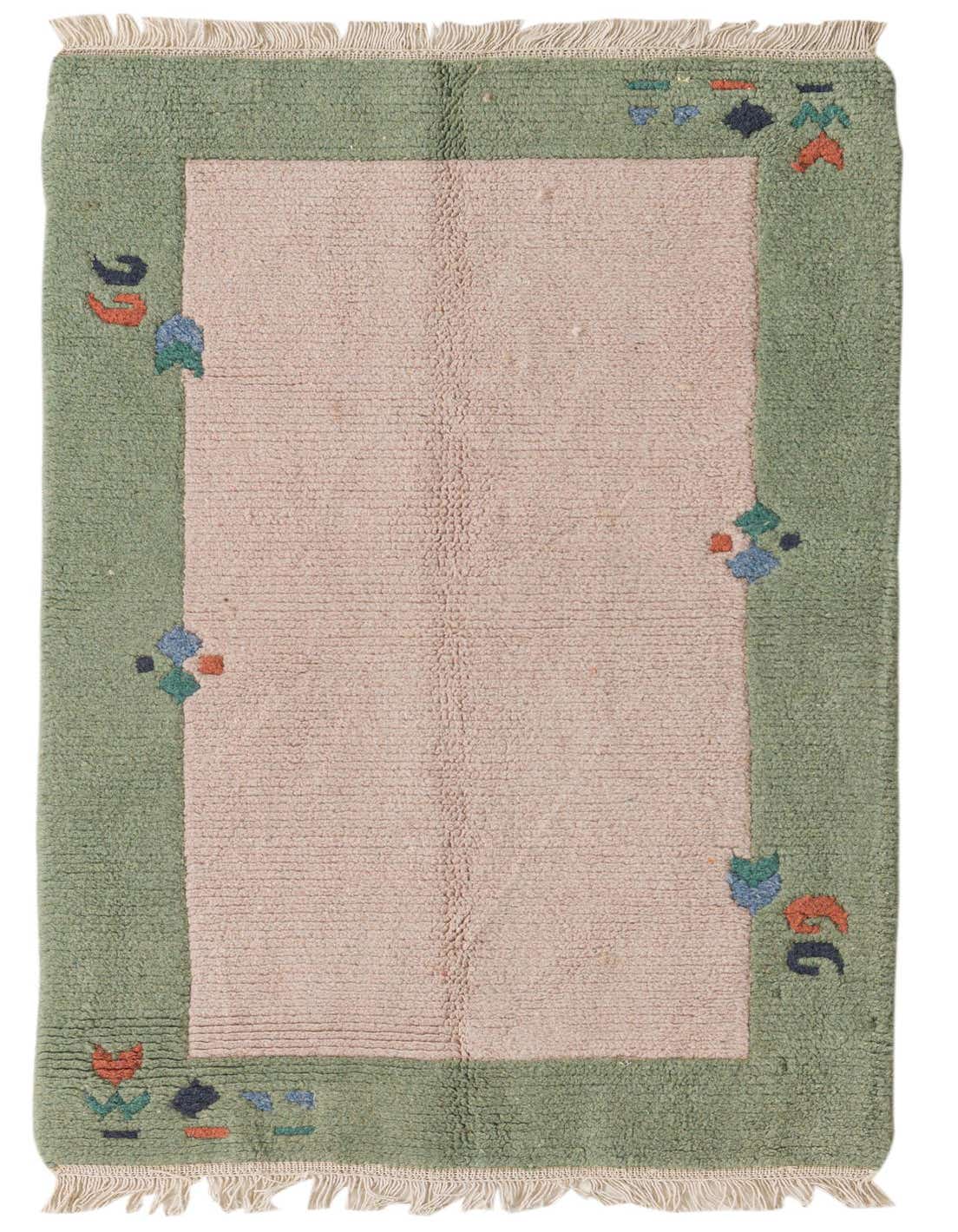 A 3x4 rectangular Nepal Collection rug featuring a cream center with a sage green border, accented by small, colorful abstract motifs.
