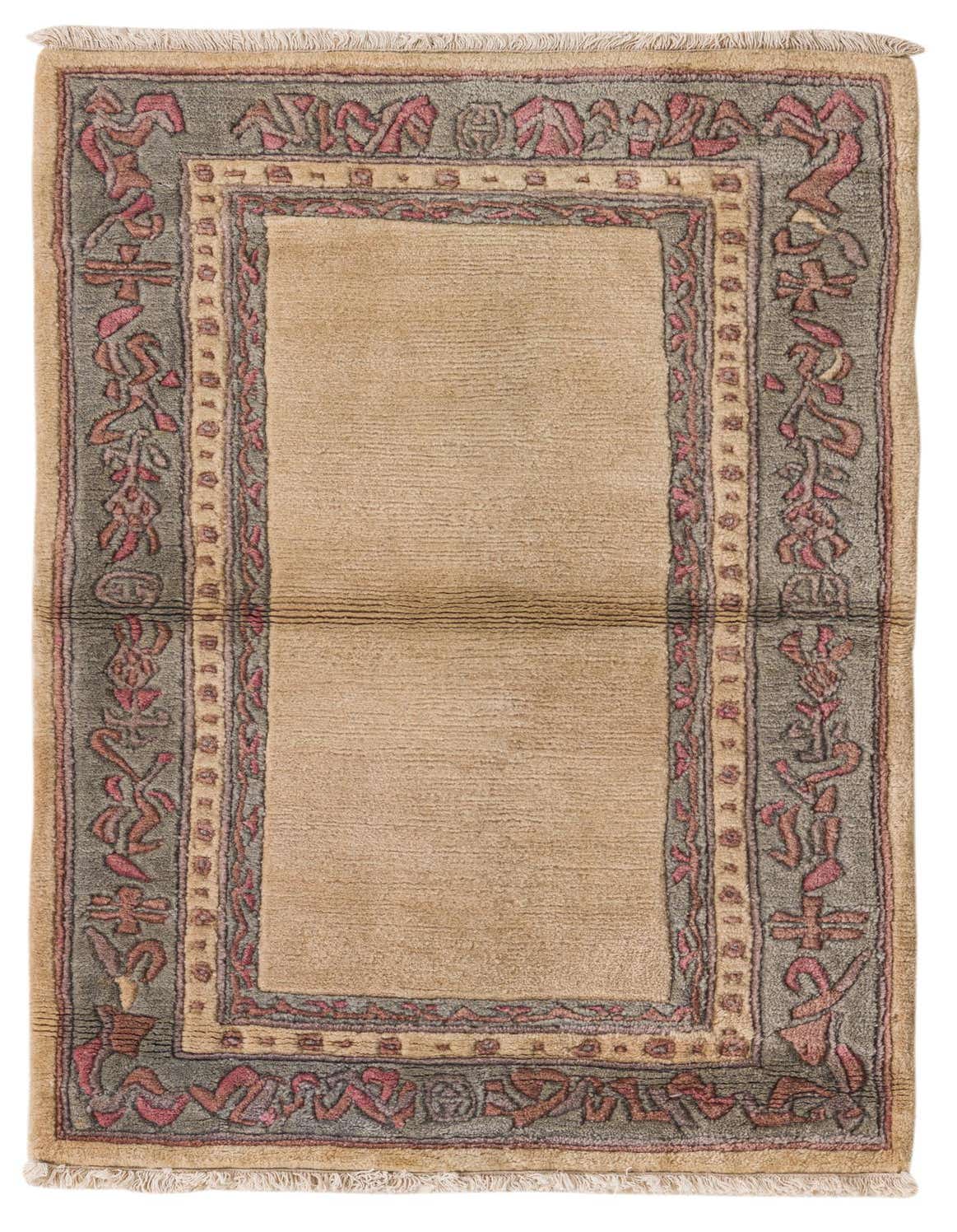 A 3x4 rectangular Nepal rug featuring a central ivory field with a multi-layered border in cream, sage green, and muted rose abstract patterns, with fringe.