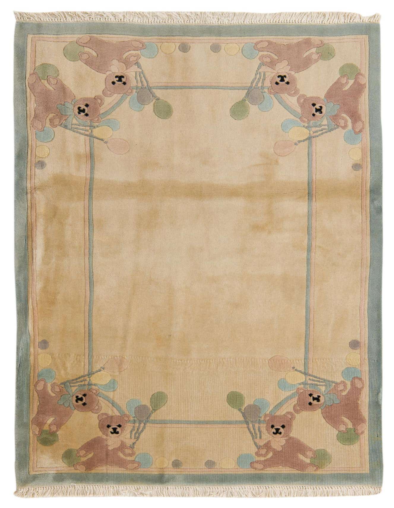 A 4x6 rectangular ivory wool rug with a playful border featuring brown teddy bears holding colorful balloons and pastel polka dots, ideal for a child's room.