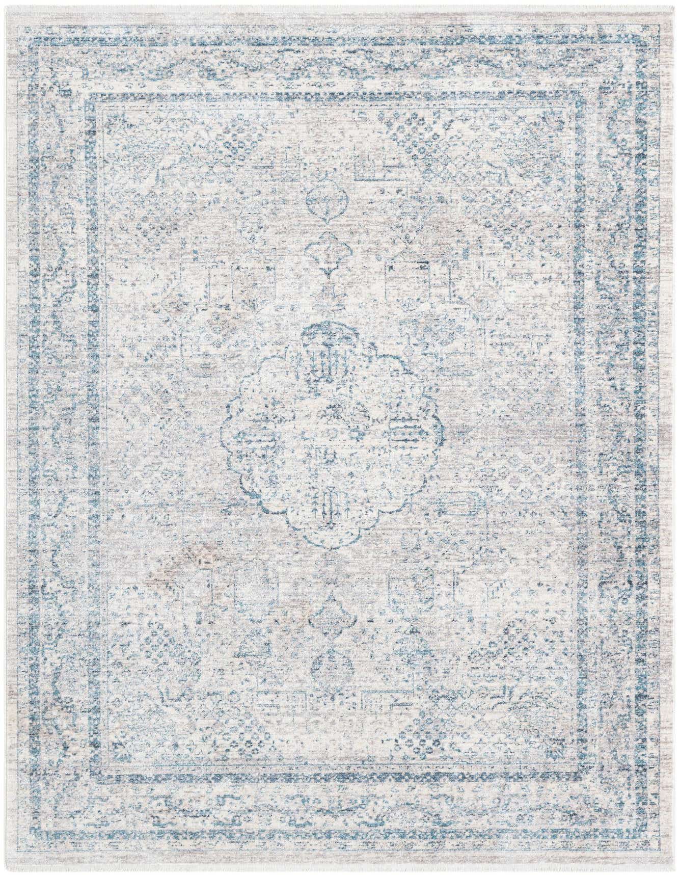 A 5x8 rectangular ivory and cream rug with a faded blue traditional medallion and border pattern, suitable for a living room.