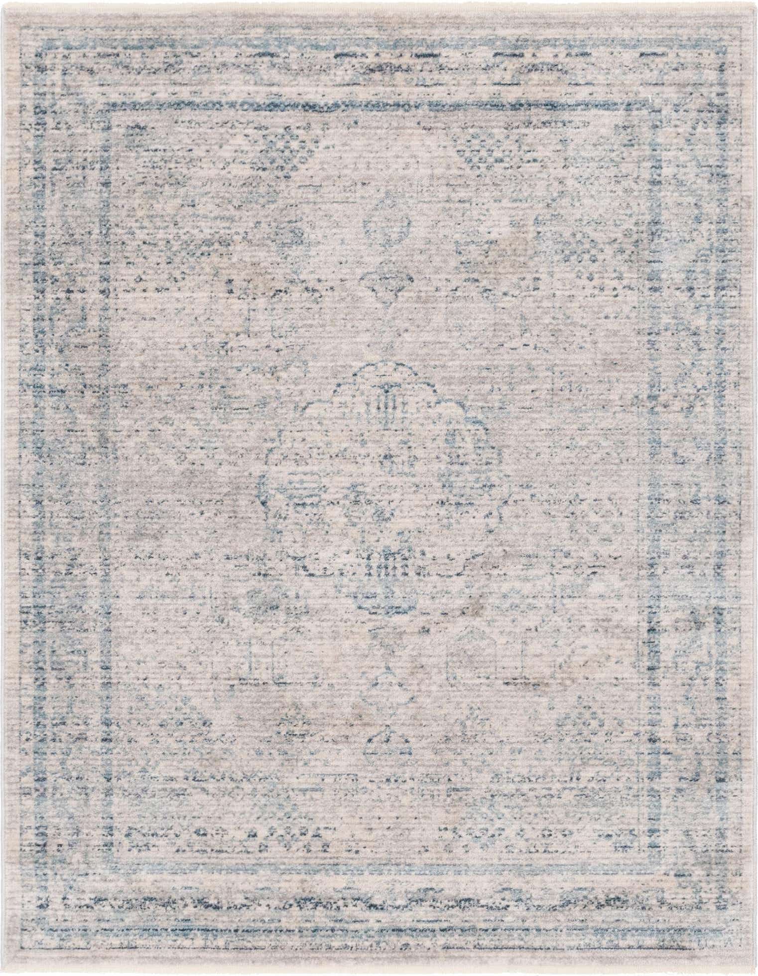 A 4x6 rectangular ivory and blue traditional area rug with a faded medallion pattern, suitable for a living room.