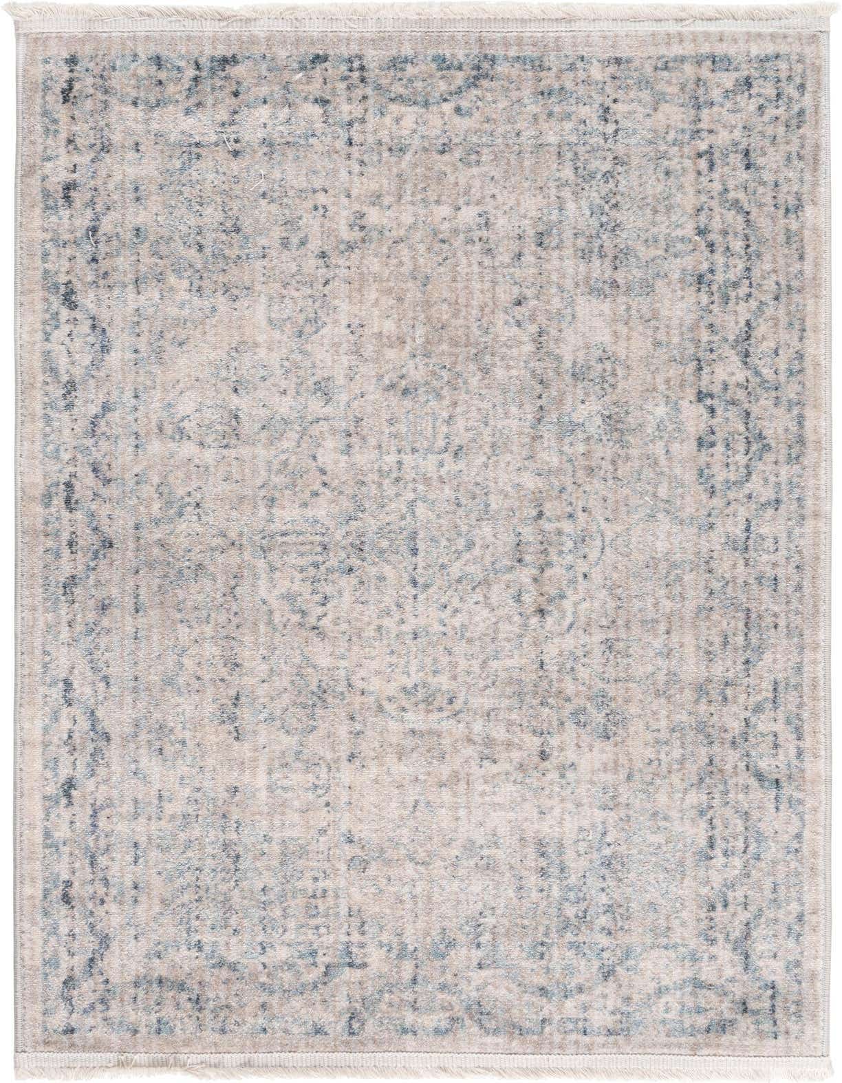 A 2x3 rectangular Rugs.com Noble rug featuring an ivory and light blue distressed traditional medallion pattern with fringe.