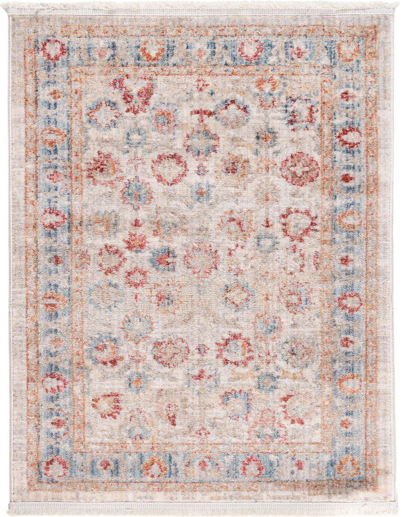 A 2x3 rectangular ivory rug with a faded traditional botanical pattern in muted reds, blues, and oranges, featuring a distressed look.