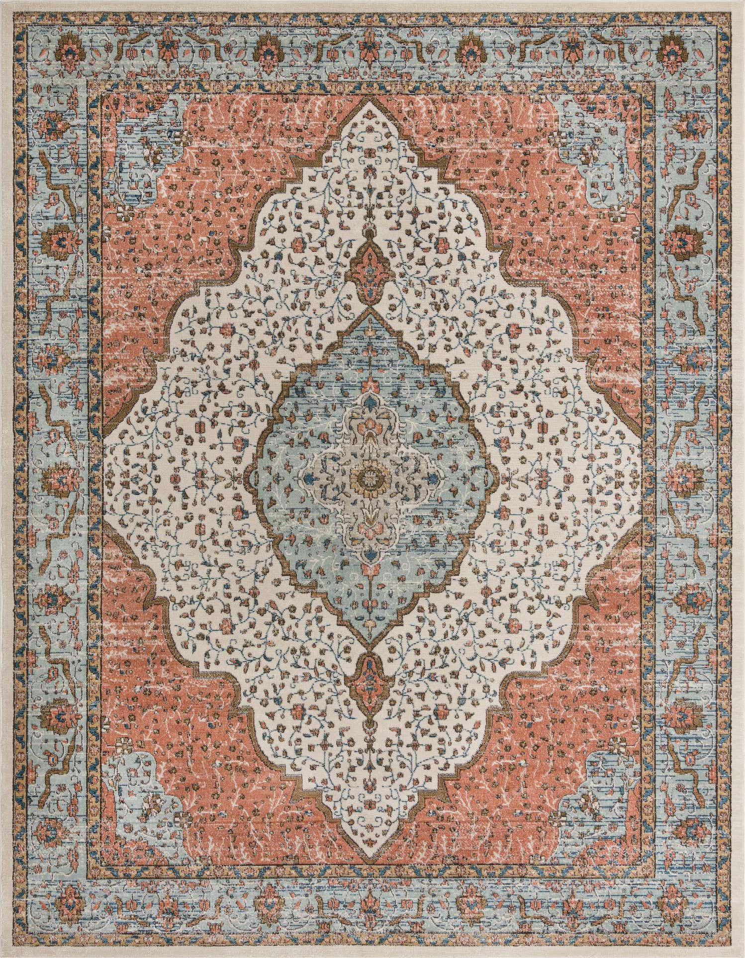 A 10x14 rectangular Nyla Collection rug featuring an ivory and cream traditional medallion pattern with light blue and terracotta accents.