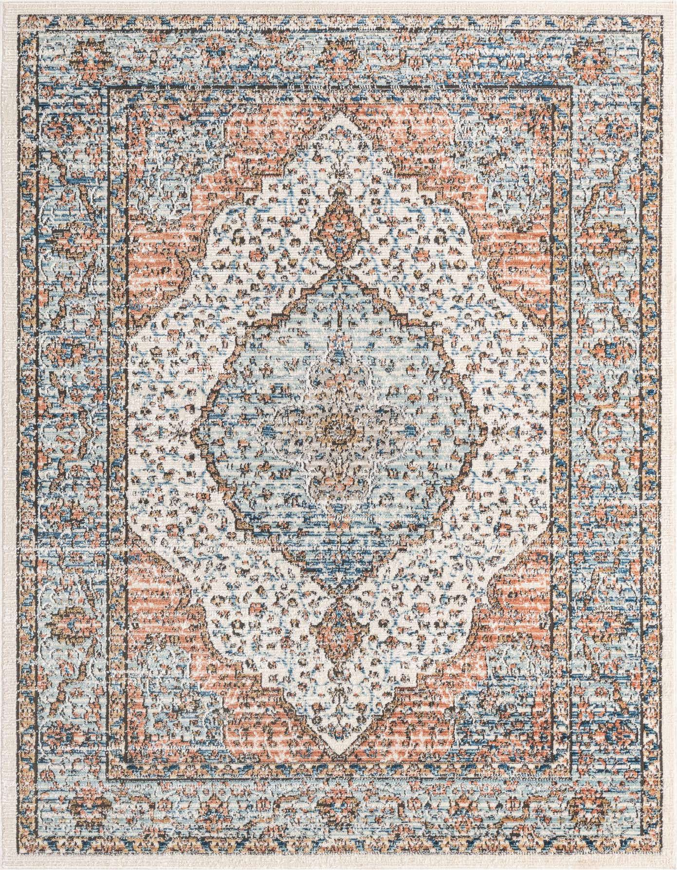 A 5x8 rectangular Nyla rug featuring a distressed traditional medallion pattern in ivory, cream, and light blue with hints of rust.