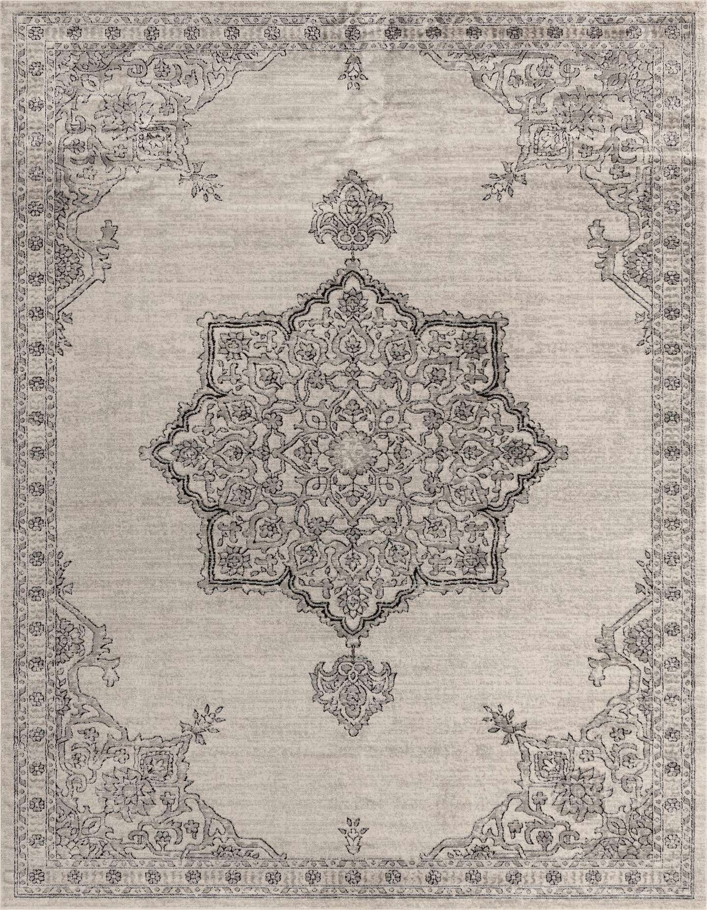 A 10x14 rectangular ivory and cream rug with a distressed traditional medallion pattern, ideal for a living room.