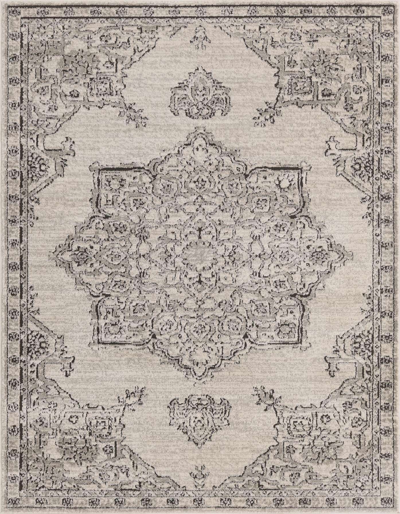 A 5x8 rectangular Nyla Collection rug featuring a distressed ivory and cream traditional medallion pattern, ideal for a living room.
