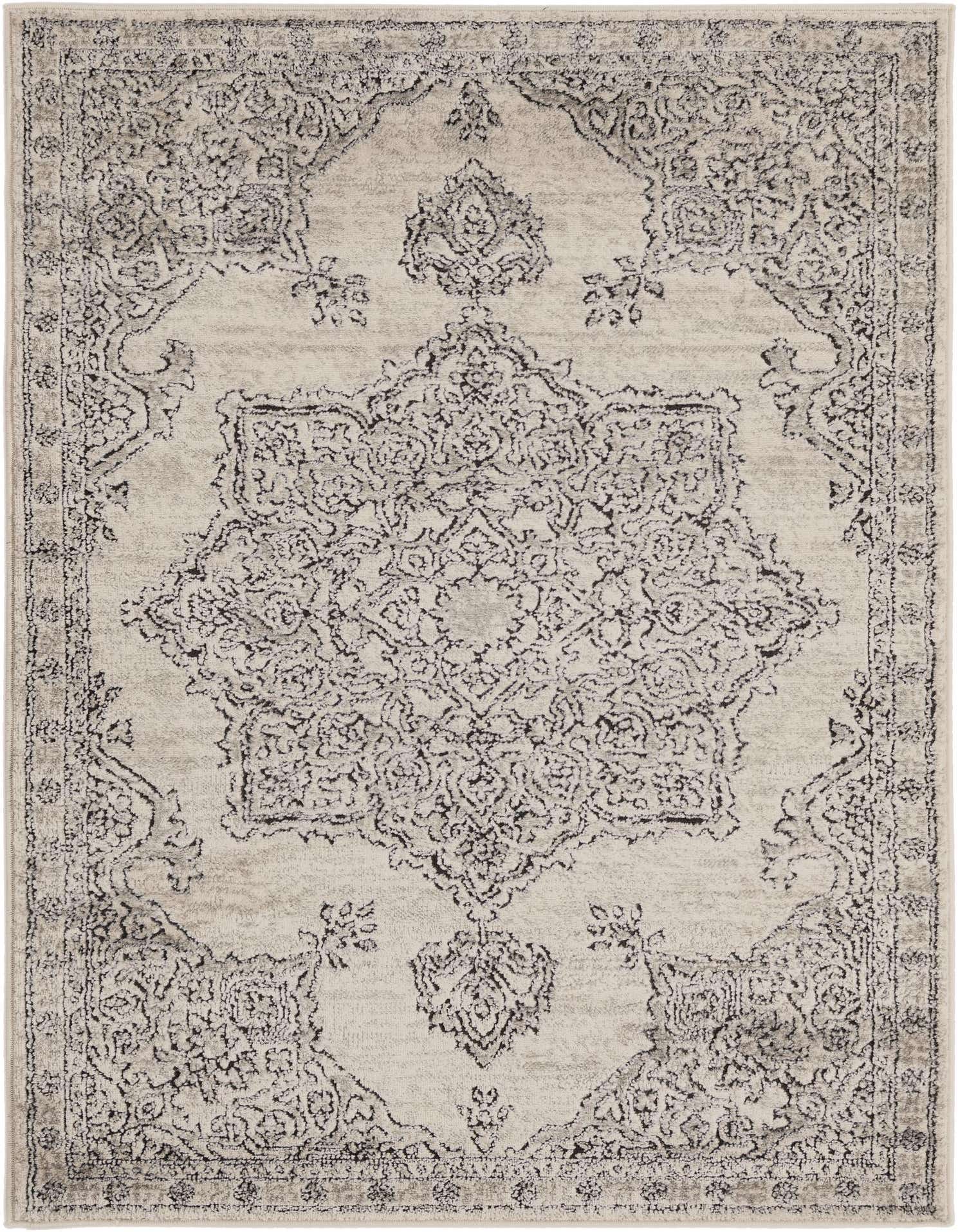 A 3x5 rectangular ivory and cream rug with a distressed black traditional medallion pattern, ideal for an indoor living space.