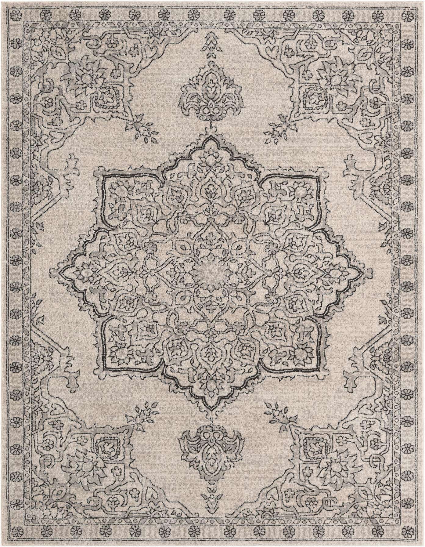 A 7x10 rectangular Nyla rug in ivory and cream with a detailed traditional medallion pattern and border.