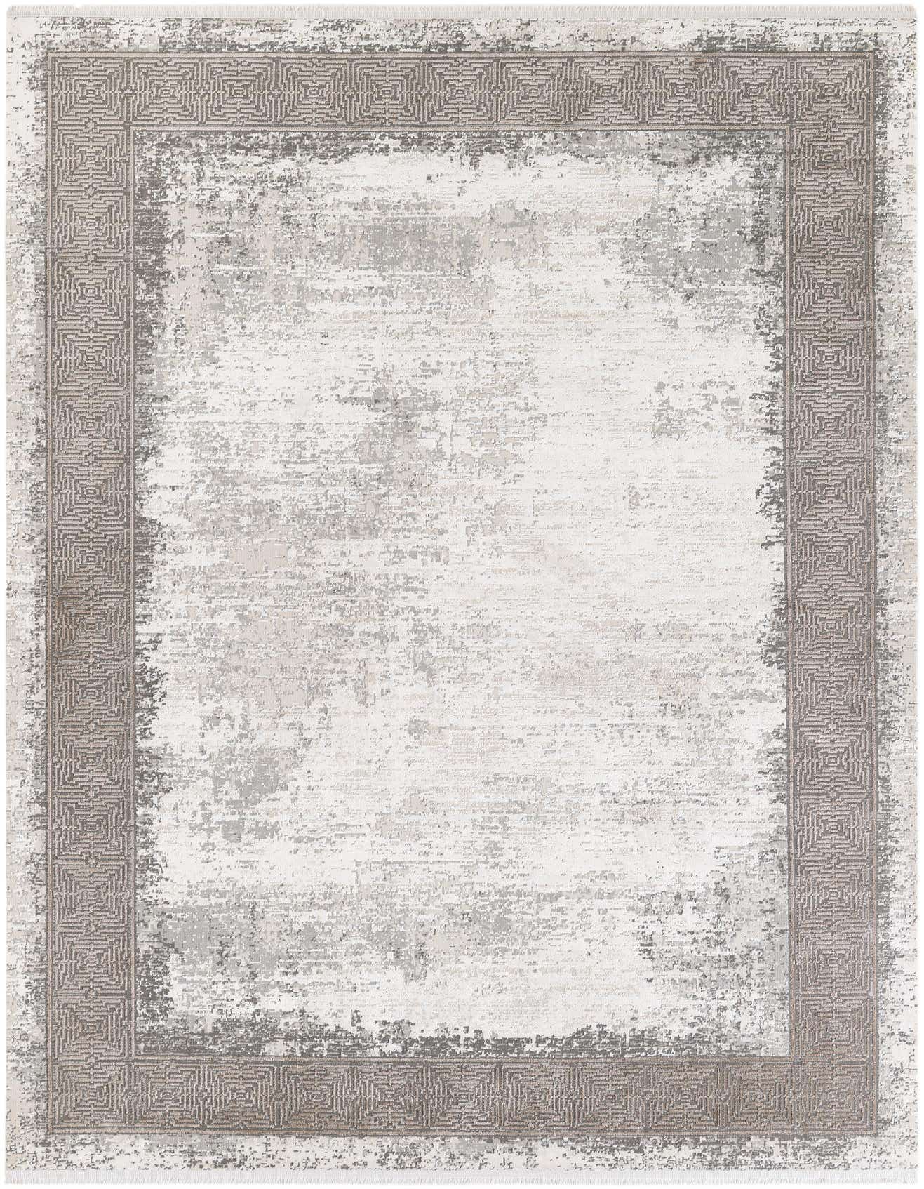 A 5x8 rectangular ivory and cream area rug with a distressed texture and a geometric border pattern.