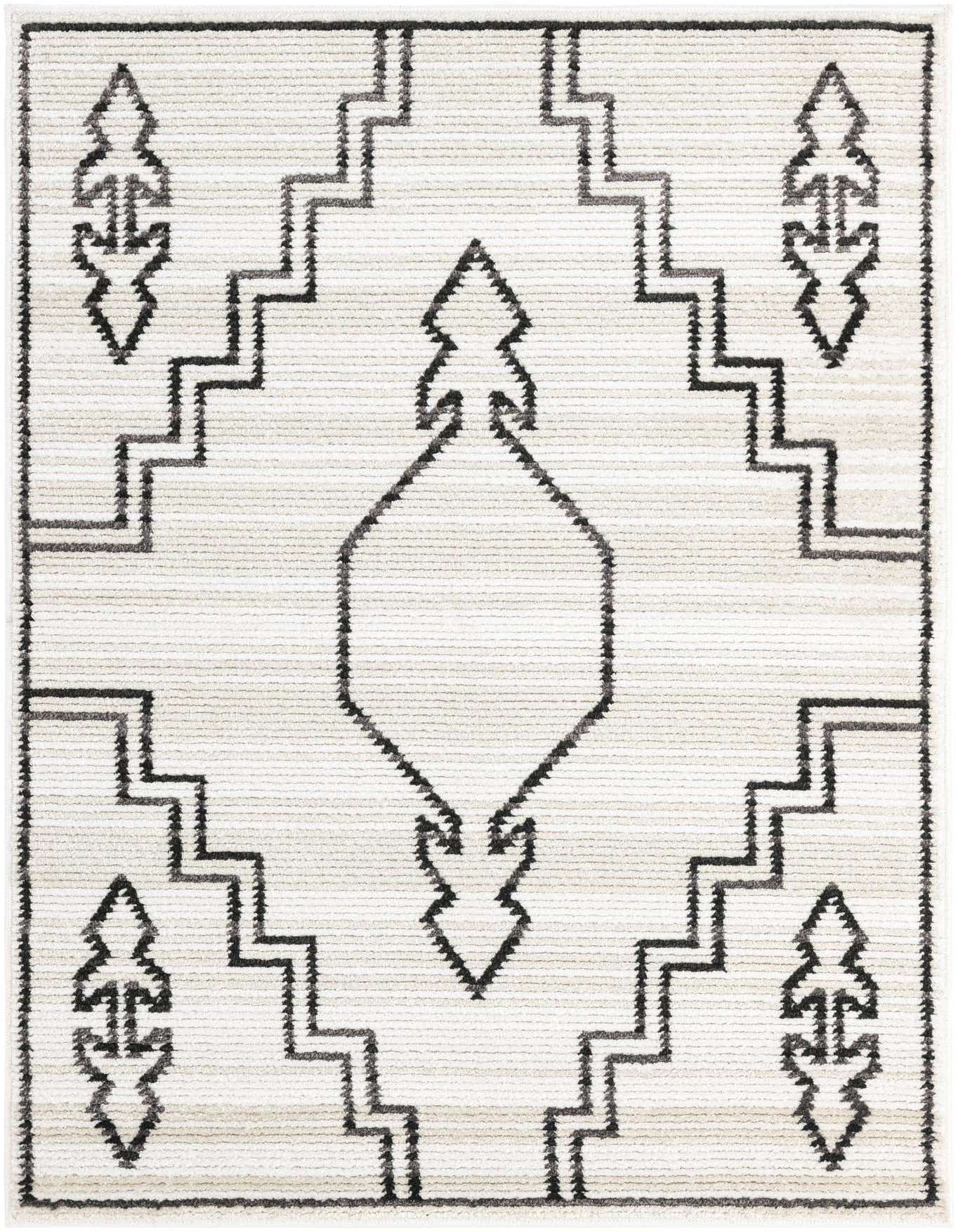 A 4x6 rectangular ivory and cream modern area rug with a bold black geometric pattern, featuring a central diamond and arrow motifs.