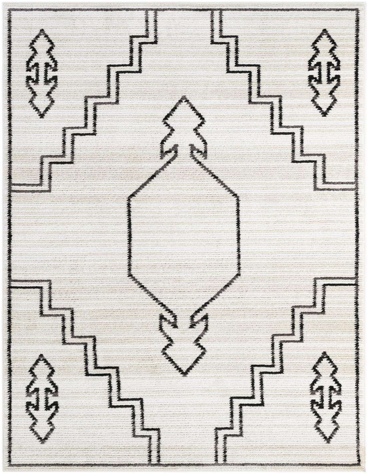 A 5x8 rectangular ivory area rug with a black traditional medallion and geometric pattern, ideal for a living room.