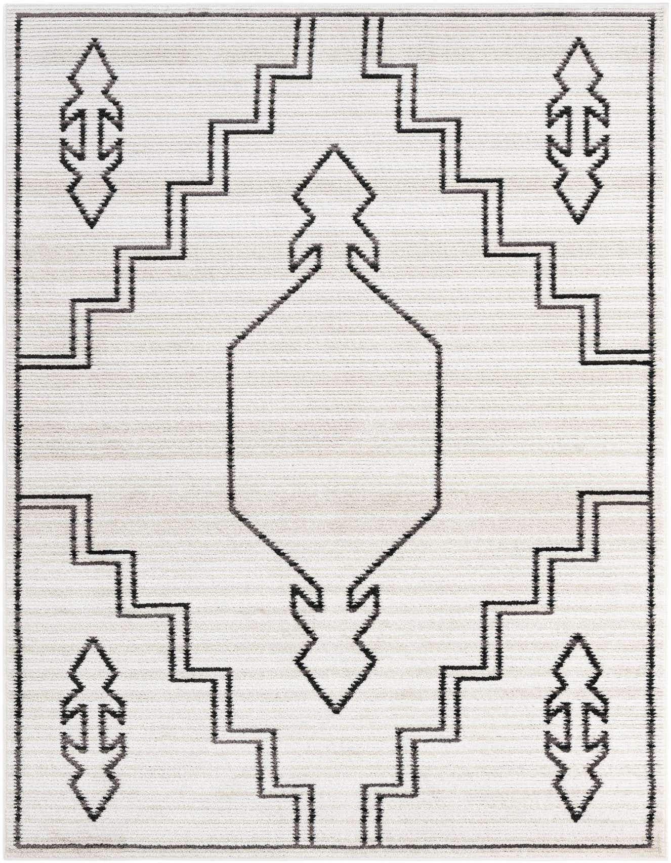 A 6x9 rectangular ivory and cream modern area rug with a bold black geometric pattern and textured pile.