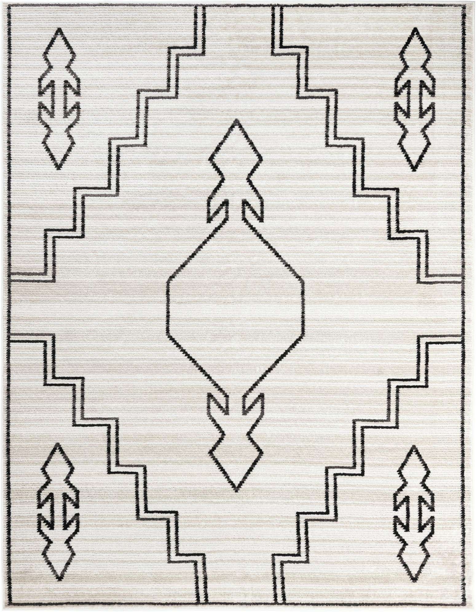 An 8x10 rectangular ivory and cream rug with a black traditional geometric pattern, featuring a central medallion and border elements.