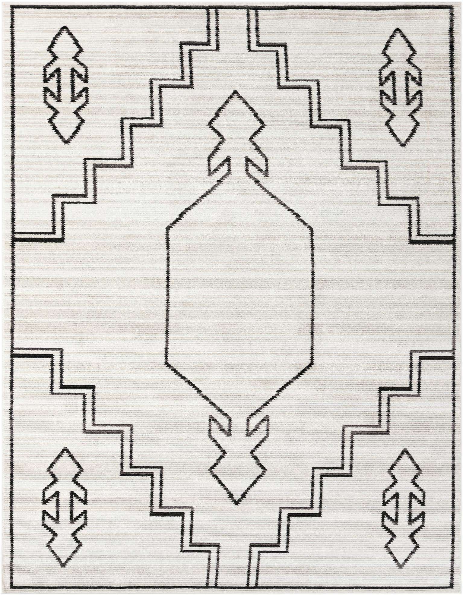 A 9x12 rectangular ivory and cream area rug with a bold, dark geometric pattern, featuring stepped lines and abstract arrow-like motifs.