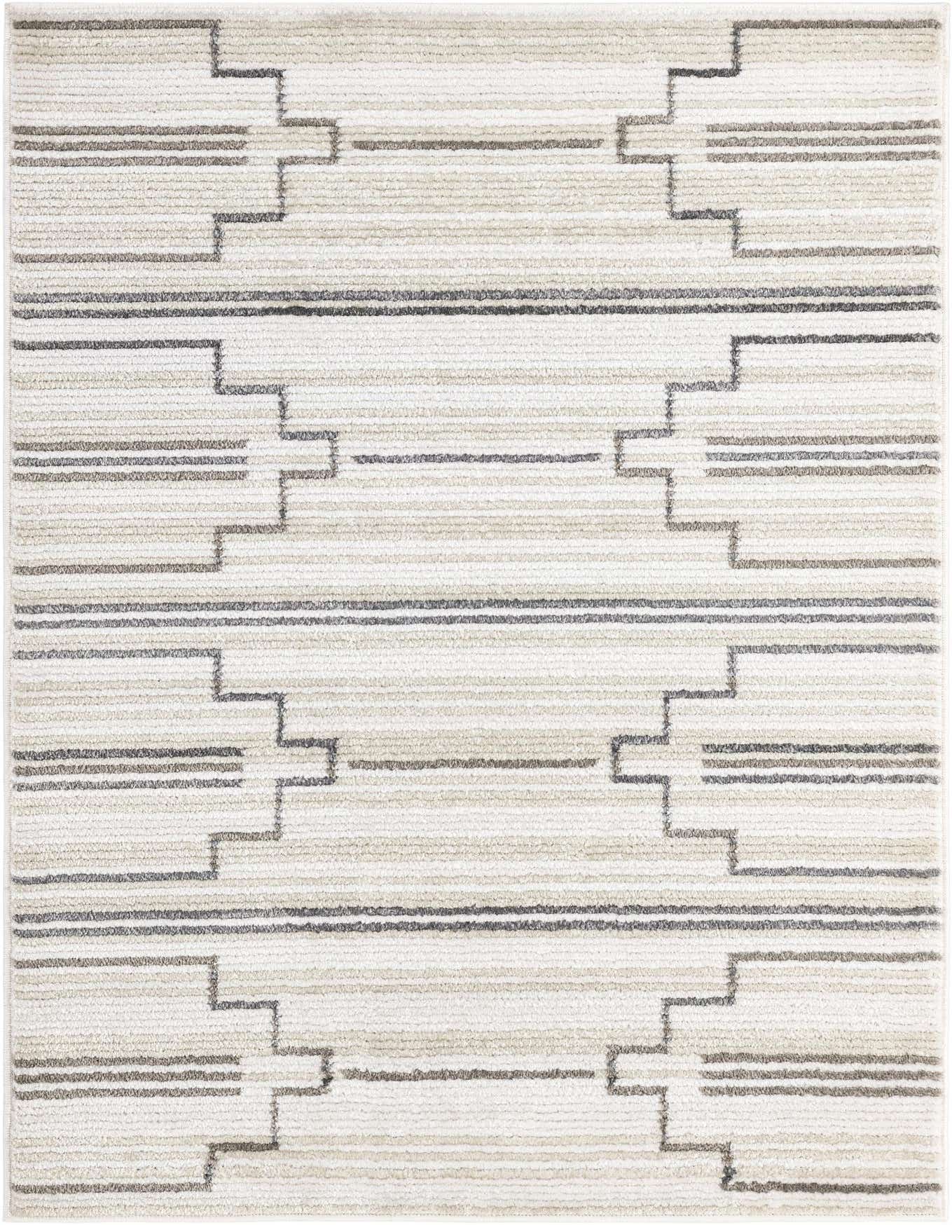A 4x6 rectangular ivory and cream modern rug with a subtle textured pile and geometric striped pattern.