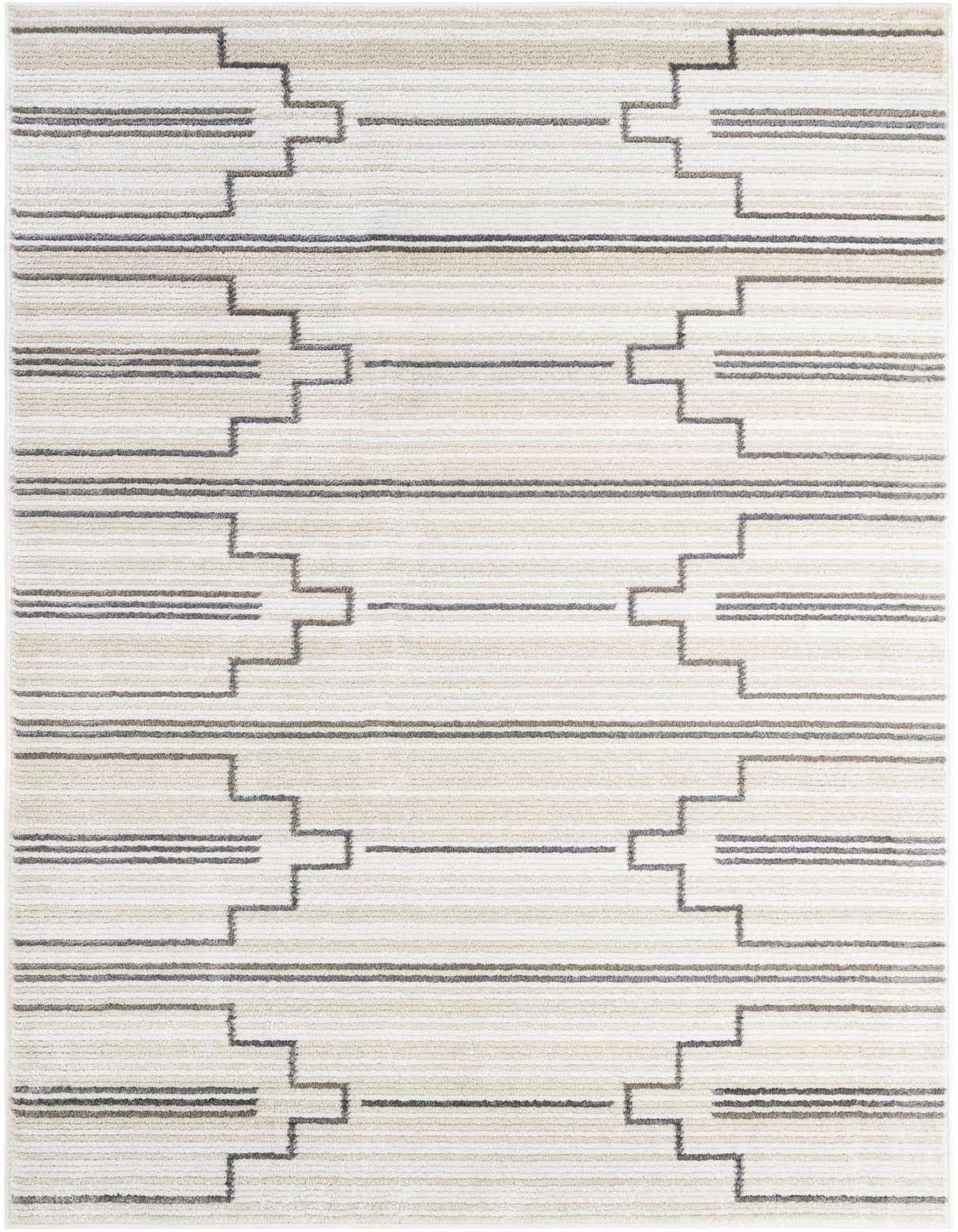A 5x8 rectangular ivory area rug with a modern geometric pattern of stepped lines and horizontal stripes in varying shades of cream and gray.