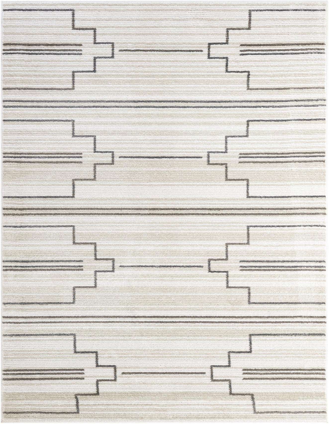 A 6x9 rectangular ivory and cream modern area rug with a textured pile, featuring a repeating geometric pattern of stepped lines and horizontal stripes.