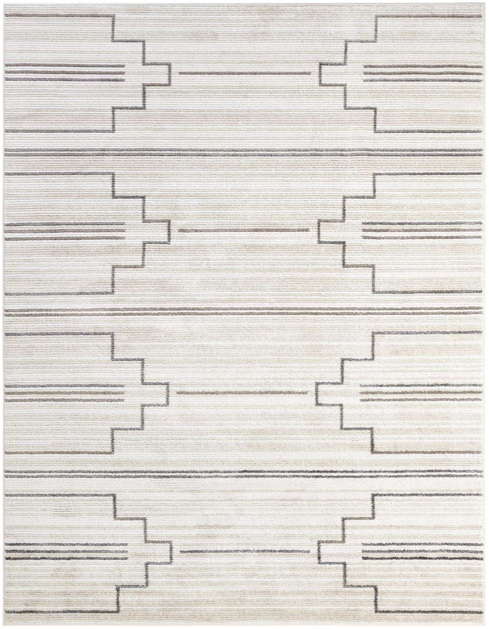 An 8x10 rectangular ivory and cream rug with a modern geometric pattern of stepped lines and horizontal stripes.