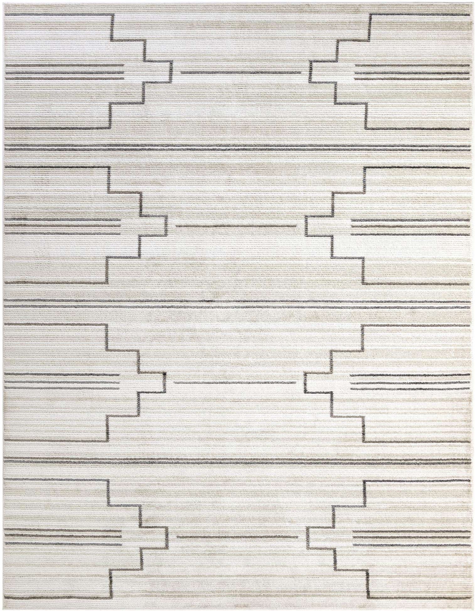 A 9x12 rectangular ivory and cream modern area rug with a textured pile and geometric stepped pattern.
