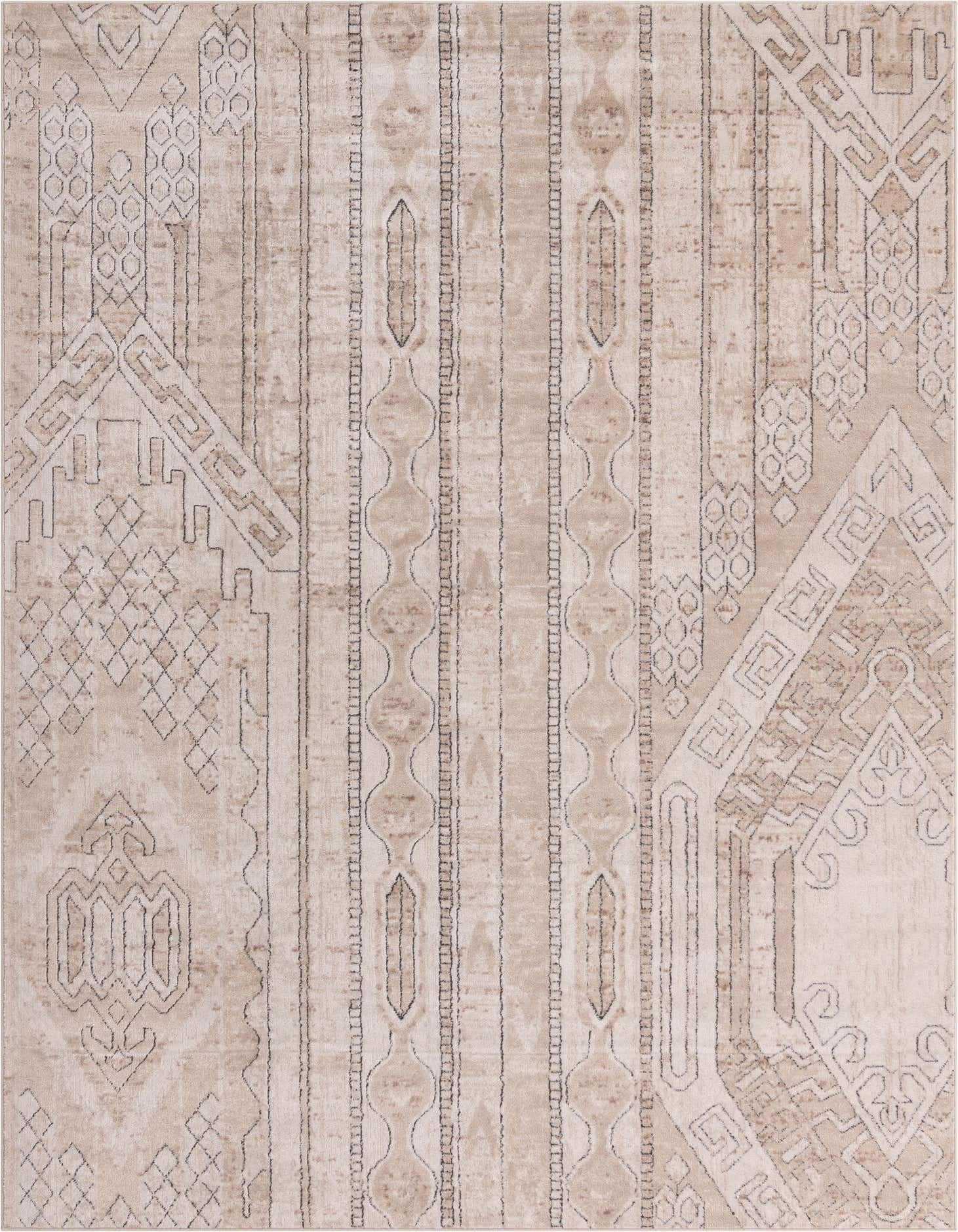 An 8x11 rectangular ivory and cream area rug featuring a textured bohemian and tribal stripe pattern.